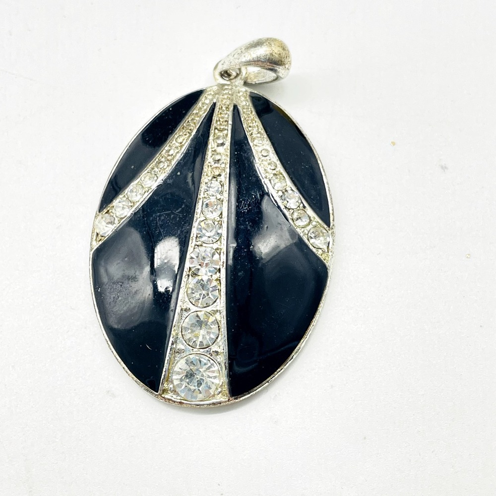 Black Silver Tone Teardrop Pendant Clear Rhinestone Statement Jewelry